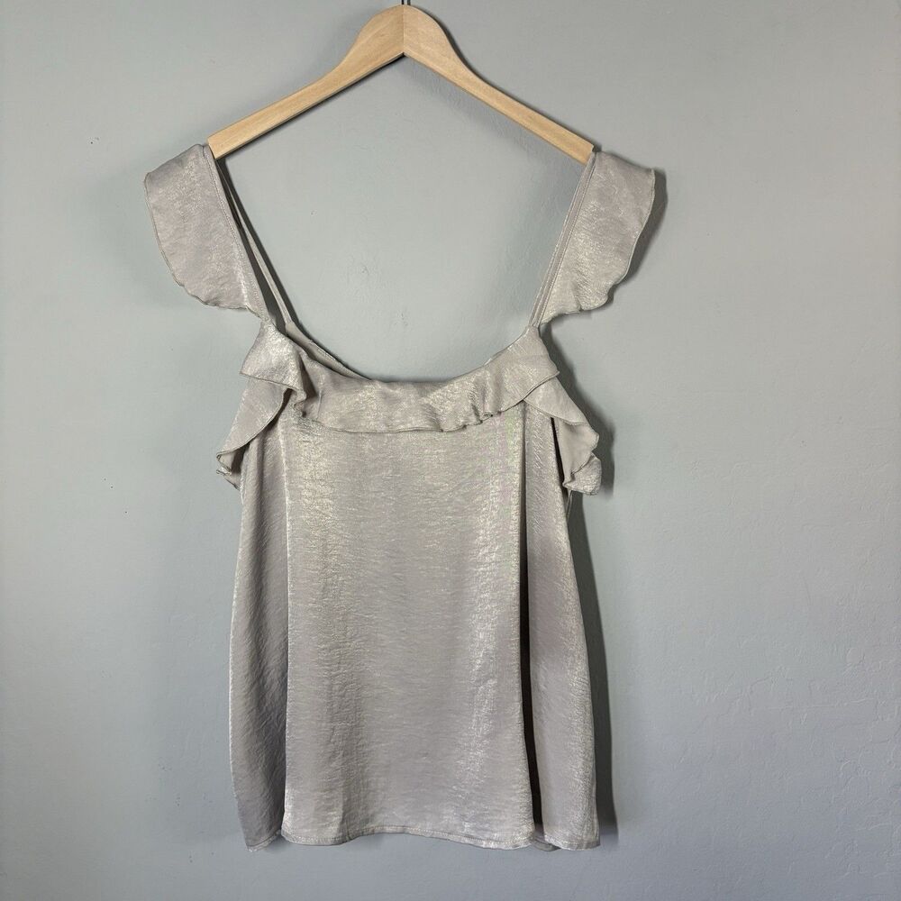 NWT Y2K 2000s Boutique Top Womens L Gray Scoop Neck Ruffle Fairy Office Siren